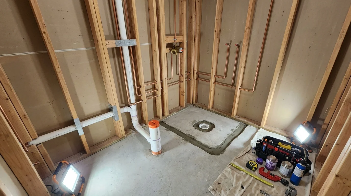 Bathroom rough-in plumbing during remodel by Johns Plumbing LLC in Rosemount