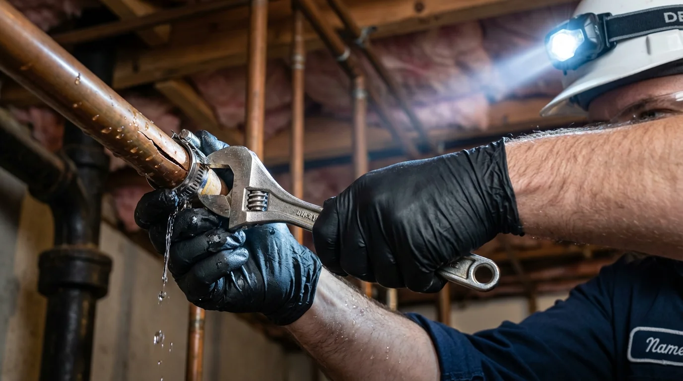 Emergency pipe clamp repair being performed by a Johns Plumbing LLC plumber in Rosemount
