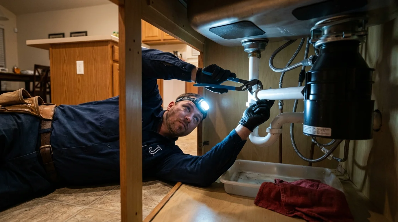 P-trap and supply line connections under a kitchen sink showing a common leak point in Rosemount, MN